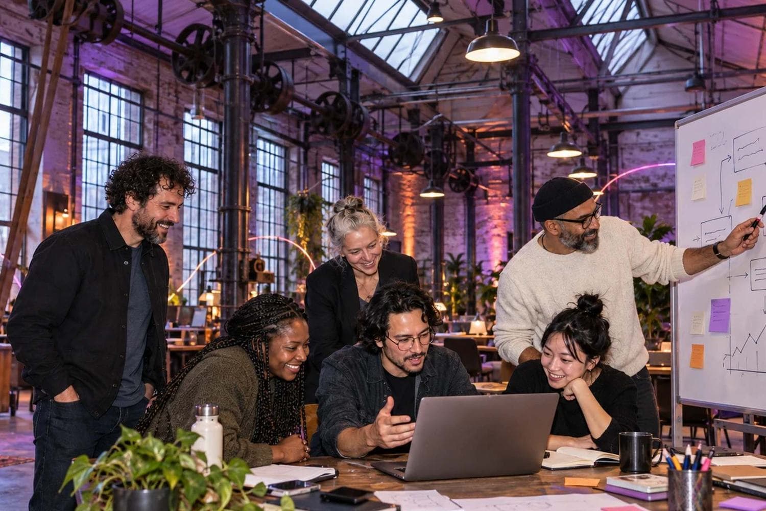A team around a laptop while a colleague draws a plan on a whiteboard